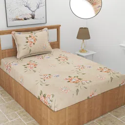 MORADO Maple Beige & Peach-Coloured Printed 210 TC Fitted Single Bedsheet & Pillow Cover-12