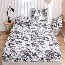 JC HOME White & Black Floral Fitted 140 TC King Bedsheet with 2 Pillow Covers-image-73