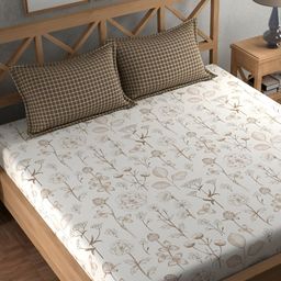 CHHAVI INDIA Brown & White Floral Microfiber 210 TC King Bedsheet with 2 Pillow Covers-image-67