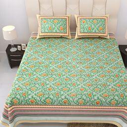 Comfowell Green & Orange Floral Printed Cotton 244 TC King Bedsheet With 2 Pillow Covers-image-4