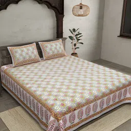 JAIPUR FABRIC Green & Pink Floral 120 TC Cotton King Bedsheet With 2 Pillow Covers-image-24