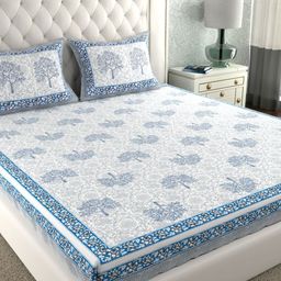 LA VERNE Blue & White Ethnic Motifs 140 TC Cotton King Bedsheet With 2 Pillow Covers-image-53