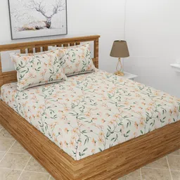 MORADO Snow Cream-Coloured & Peach-Coloured  Printed 210 TC Queen Bedsheet & Pillow Covers-14
