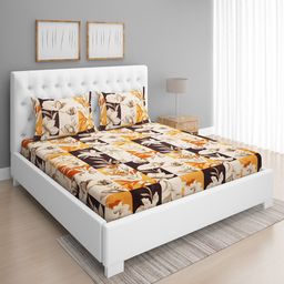 ROMEE Cream-Coloured & Yellow Floral 144 TC Microfiber Queen Bedsheet with 2 Pillow Covers-image-0