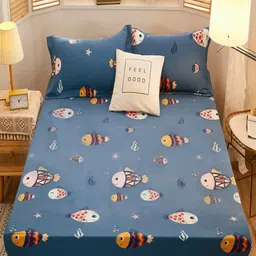 JC HOME Blue & Mustard Conversational 160 TC Fitted Single Bedsheet & 1 Pillow Cover-image-66