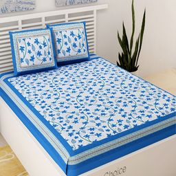 UNIQCHOICE Blue & White Floral Printed Cotton 120 TC Queen Bedsheet With 2 Pillow Covers-image-45