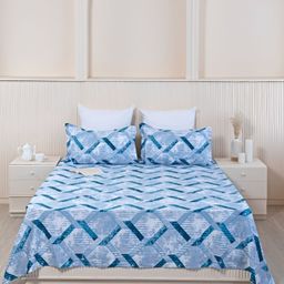 HOMEMONDE Blue & White Geometric Cotton 210 TC Queen Bedsheet with 2 Pillow Covers-9