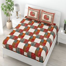 Runjhun Red & Blue Floral Printed 144 TC Cotton Queen Bedsheet Set-image-5