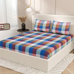 Varde All Seasons Blue & Red Printed Cotton 210 TC King Bedsheet with 2 Pillow Covers-image-47