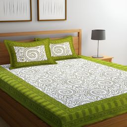UNIQCHOICE Green & White Floral Printed Cotton 120 TC Queen Bedsheet With 2 Pillow Covers-picture-22