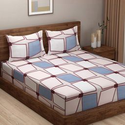 VRINDA White & Blue Geometric 180 TC King Bedsheet with 2 Pillow Covers-image-54