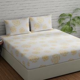 Huesland Comfort White & Yellow Printed 144 TC Cotton Single Bedsheet & Pillow Cover-image-84