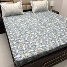 Pure Decor Blue & Yellow Floral Printed 380 TC Pure Cotton King Bedsheet & 2 Pillow Covers-image-22