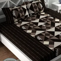 CG HOMES Brown & Cream Geometric Fitted 210 TC Queen Bedsheet With 2 Pillow Covers-image-83
