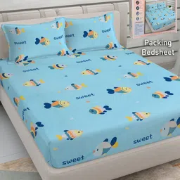 FABINALIV Blue & Yellow Cartoon Characters 300 TC King Bedsheet with 2 Pillow Covers-image-84