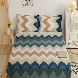 JC HOME Beige & Blue Geometric 140 TC Fitted King Bedsheet With 2 Pillow Covers-image-57