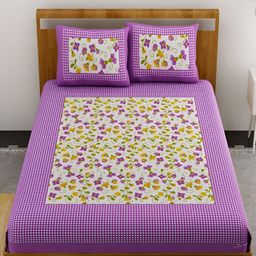 UNIQCHOICE Purple & White Floral Printed Cotton 120 TC Queen Bedsheet With 2 Pillow Covers-18