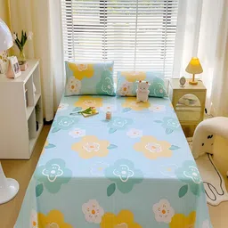 JC HOME Blue & Yellow Printed Cotton 210 TC Queen Bedsheet With 2 Pillow Covers-image-96
