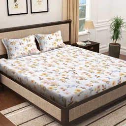 KLOTTHE White & Orange Floral-Printed 300TC Fitted King Bedsheet & 2 Pillow Covers-image-39