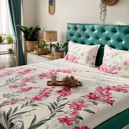 URBAN SPACE Serene Cream-Coloured Floral 200 TC Pure Cotton Queen Bedsheet & Pillow Covers-69