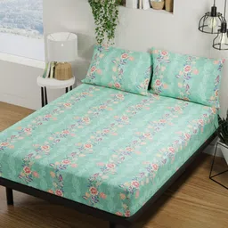 BIANCA Platinum Green & Pink Floral Cotton 144 TC Queen Bedsheet With 2 Pillow Covers-44