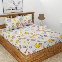 BREVARD White & Coral Pink Conversational 210 TC Queen Fitted Bedsheet & 2 Pillow Covers-picture-26