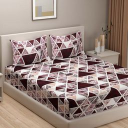 VRINDA Maroon & White Geometric 180 TC Cotton Fitted King Bedsheet with 2 Pillow Covers-image-51