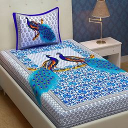 Aura Blue & White 120 TC Single Bedsheet With 2 Pillow Covers-image-38