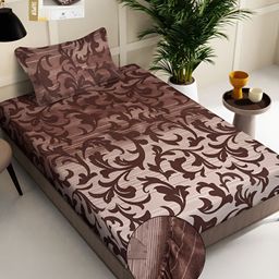 KLOTTHE Brown & Beige Floral Printed 300 TC Single Bed Fitted Bedsheet With 1 Pillow Cover-14