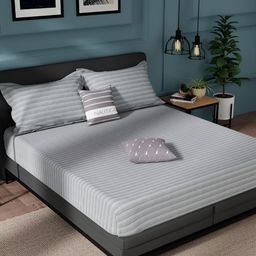 Nautica Grey & White Striped Pure Cotton 150 TC King Bedsheet With 2 Pillow Covers-image-29