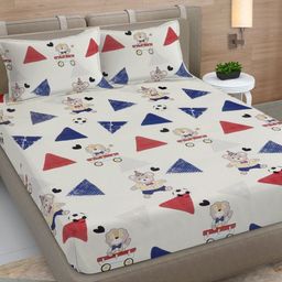 FABINALIV Grey & Blue Cartoon Characters 300 TC King Bedsheet With 2 Pillow Covers-2
