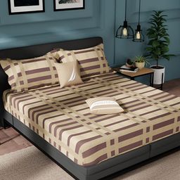 Nautica Beige & Brown Striped Pure Cotton 150 TC King Bedsheet With 2 Pillow Covers-picture-7