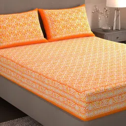 Varde All Seasons Orange & White Printed Cotton 210 TC King Bedsheet with 2 Pillow Covers-picture-24