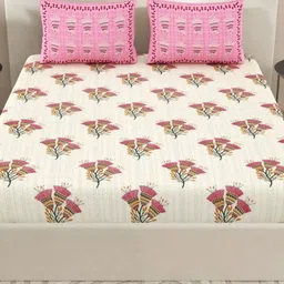 LIVING ROOTS Pink & Yellow Floral Pure Cotton 300 TC King Bedsheet with 2 Pillow Covers-image-78