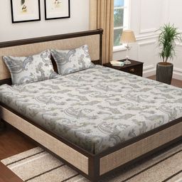 HOSTA HOMES Cream & Blue Ethnic Motifs 300 TC Double King Bedsheet With 2 Pillow Covers-image-36