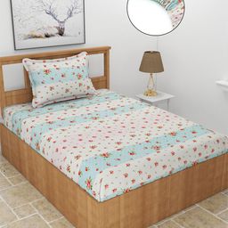 MORADO Snow Off White & Blue Floral Printed 210 TC Fitted Queen Bedsheet & Pillow Covers-image-105