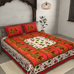 JAIPUR FABRIC Red & Green Floral 120 TC Cotton King Bedsheet With 2 Pillow Covers-image-18