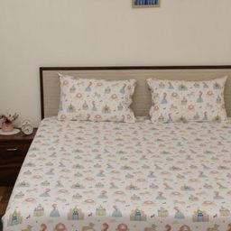 Bhumi Impex White & Blue Cartoon Characters 144 TC Single Bedsheet with 2 Pillow Covers-image-73