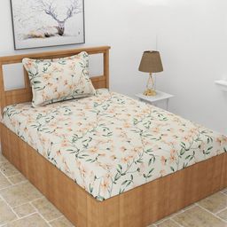 BREVARD Cream-Coloured & Green Floral 210 TC Single Fitted Bedsheet with 1 Pillow Cover-8