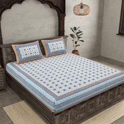 JAIPUR FABRIC White & Blue Ethnic Motifs Cotton 210 TC Queen Bedsheet With 2 Pillow Covers-89