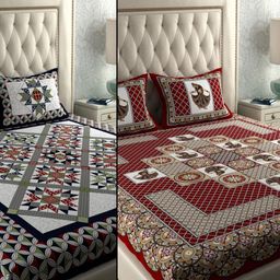 LA VERNE Navy Blue & Red Geometric 104 TC 2 Queen Bedsheet with 4 Pillow Covers-13