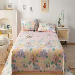 JC HOME Grey & Blue Floral Pure Cotton 200 TC Single Bedsheet With 2 Pillow Covers-image-80