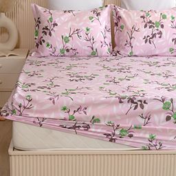 HOMEMONDE Pink & Green Printed Cotton 210 TC Fitted King Bedsheet with 2 Pillow Covers-image-31