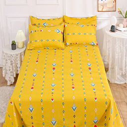 JC HOME Yellow & Blue Geometric 140 TC Single Bedsheet With 1 Pillow Cover-image-95