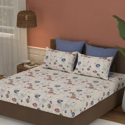 MYTRIDENT Blue & Beige Floral 144 TC King Bedsheet with 2 Pillow Covers-image-79