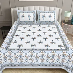 BELLA CASA Blue & White Ethnic Motifs Cotton 180 TC King Bedsheet with 2 Pillow Covers-picture-48