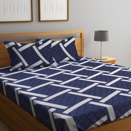 KLOTTHE Blue & White Geometric Printed 300 TC Fitted King Bedsheet With 2 Pillow Covers-image-67