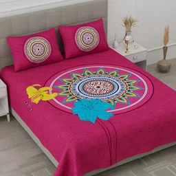 POORAK Pink & Blue Ethnic Motifs 104 TC Queen Bedsheet with 2 Pillow Covers-image-19