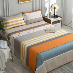 JC HOME Green & Orange Striped 200 TC Pure Cotton King Bedsheet with 2 Pillow Covers-image-81