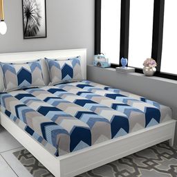 FINE TEX WORLD Blue & Grey Geometric 180 TC Microfiber Queen Bedsheet With 2 Pillow Covers-9